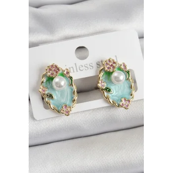 Pirinç Yeşil Mineli İnci Detaylı Sanatsal Portre Model Gold Renk Kadın Küpe