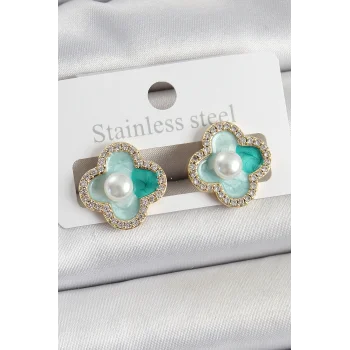 Pirinç Yeşil Mineli İnci Detaylı Zirkon Taşlı Sanatsal Portre Yonca Model Gold Renk Kadın Küpe