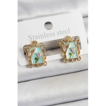 Pirinç Yeşil Mineli Sanatsal Portre Model Gold Renk Kadın Küpe