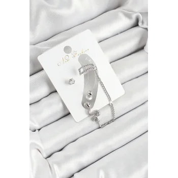 Pirinç Yılan Figürlü Zirkon Taşlı Gümüş Renk 3lü Kıkırdak Kadın Küpe Set
