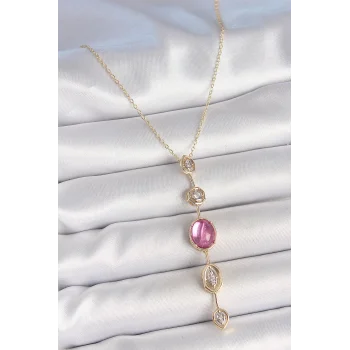 Pirinç Zincir Gold Renk Pembe Zirkon Taşlı Y Kolye