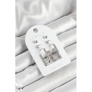 Pirinç Zirkon Taş Ve Dikdörtgen Figürlü Gümüş Renk 3lü Çift Kadın Küpe Set