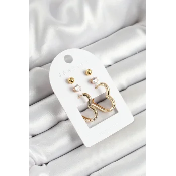 Pirinç Zirkon Taş Ve Kalp Figürlü Gold Renk 3lü Çift Kadın Küpe Set
