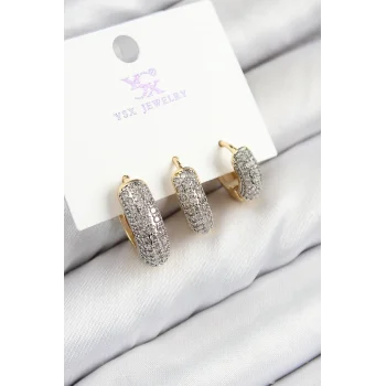 Pirinç Zirkon Taşlı 3lü Halka Model Gold Ve Gümüş Renk Kadın Küpe