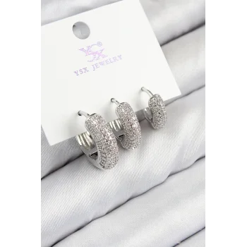 Pirinç Zirkon Taşlı 3lü Halka Model Gümüş Renk Kadın Küpe