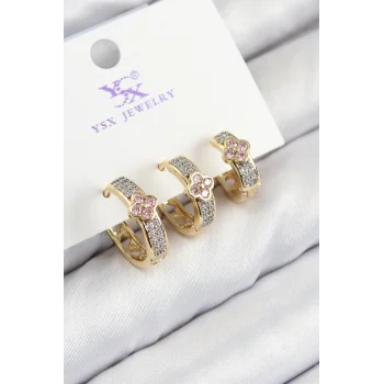 Pirinç Zirkon Taşlı 3lü Halka Yonca Model Gold Ve Gümüş Renk Kadın Küpe