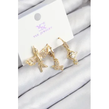 Pirinç Zirkon Taşlı 3lü Kuş Model Gold Renk Kadın Küpe