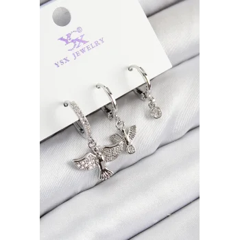 Pirinç Zirkon Taşlı 3lü Kuş Model Gümüş Renk Kadın Küpe