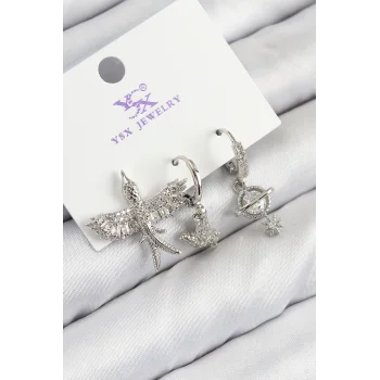 Pirinç Zirkon Taşlı 3lü Kuş Model Gümüş Renk Kadın Küpe