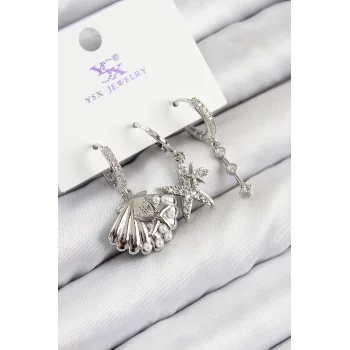 Pirinç Zirkon Taşlı 3lü Yıldız Ve İstiridye Model Gümüş Renk Kadın Küpe