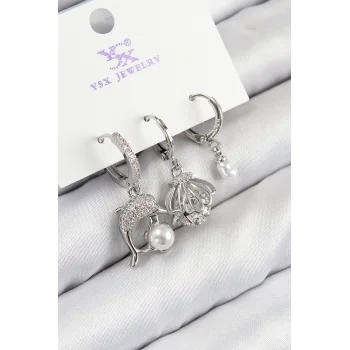 Pirinç Zirkon Taşlı 3lü Yunus Balığı Ve İstiridye Model Gümüş Renk Kadın Küpe