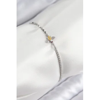 Pirinç Zirkon Taşlı Arı Model Ezme Zincir Gümüş Renk Kadın Bileklik