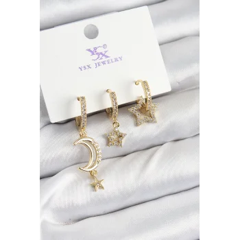 Pirinç Zİrkon Taşlı Ay Ve Hilal Model Gold Renk 3lü Kadın Küpe