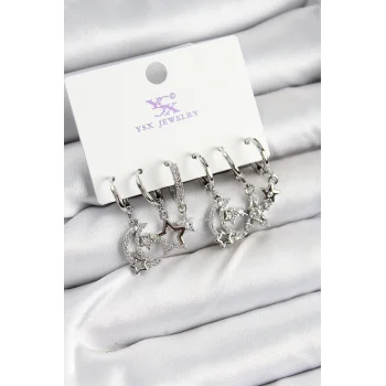 Pirinç Zİrkon Taşlı Ay ve Yıldız Model Gümüş Renk 3lü Çift Kadın Küpe