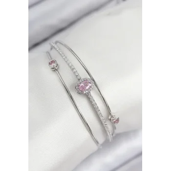 Pirinç Zirkon Taşlı Baget Model Gümüş Renk Kadın Bileklik