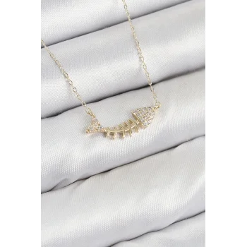 Pirinç Zirkon Taşlı Balık Kılçığı Model Gold Renk Kadın Kolye