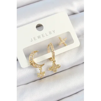 Pirinç Zirkon Taşlı Çiçek Ve Ay Model Gold Renk 3lü Çift Kadın Küpe Set