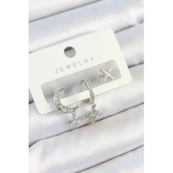 Pirinç Zirkon Taşlı Çiçek Ve Ay Model Gümüş Renk 3lü Çift Kadın Küpe Set