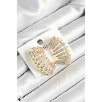 Pirinç Zirkon Taşlı Çoklu Görünümlü Model Gold Renk Kadın Küpe