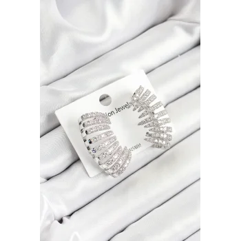 Pirinç Zirkon Taşlı Çoklu Görünümlü Model Gümüş Renk Kadın Küpe