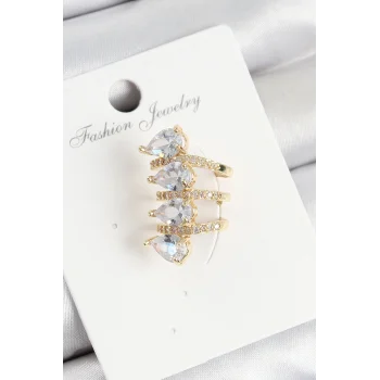 Pirinç Zirkon Taşlı Damla Model Gold Renk Sağ Kıkırdak Küpe