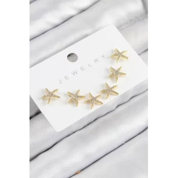 Pirinç Zirkon Taşlı Deniz Yıldızı Model Gold Renk 925 Ayar Gümüş Çivi Kadın Küpe Set