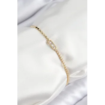 Pirinç Zirkon Taşlı Dikdörtgen Model Ezme Zincir Gold Renk Kadın Bileklik