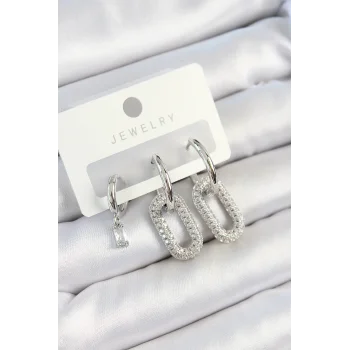 Pirinç Zirkon Taşlı Dikdörtgen Model Gümüş Renk 3lü Çift Kadın Küpe Set