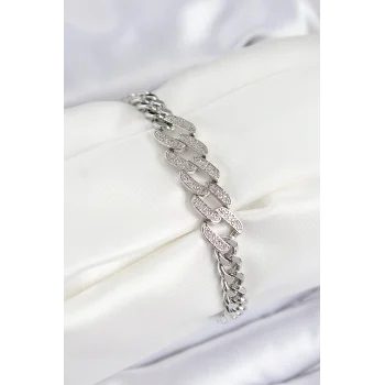 Pirinç Zirkon Taşlı Ezme Küba Zincir Model Gümüş Renk Kadın Bileklik