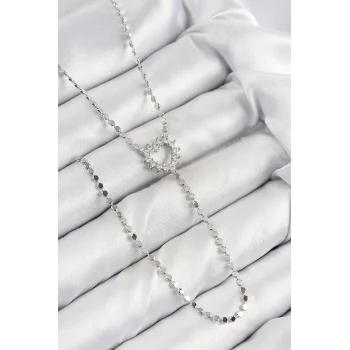 Pirinç Zirkon Taşlı Ezme Zincirli Kalp Model Gümüş Renk Y Kolye