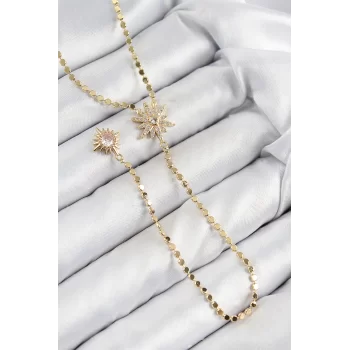 Pirinç Zirkon Taşlı Ezme Zincirli Kutup Yıldızı Model Gold Renk Y Kolye