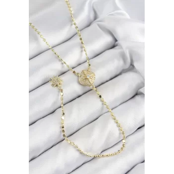 Pirinç Zirkon Taşlı Ezme Zincirli Madalyon Model Gold Renk Y Kolye