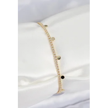 Pirinç Zirkon Taşlı Ezme Zincirli Sıralı Model Gold Renk Kadın Bilekilk