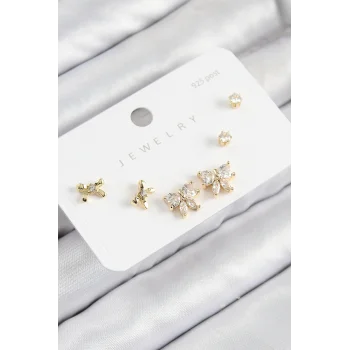 Pirinç Zirkon Taşlı Fiyonk Model Gold Renk 925 Ayar Gümüş Çivi Kadın Küpe Set