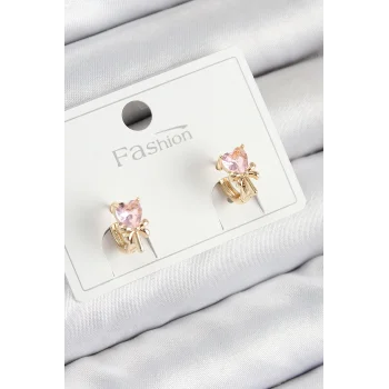 Pirinç Zirkon Taşlı Fiyonklu Kalp Model Gold Renk Çocuk Küpe