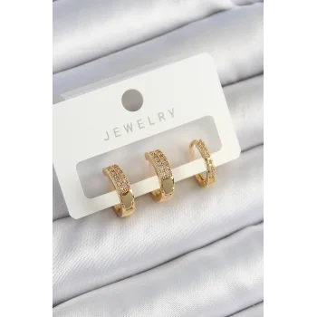 Pirinç Zirkon Taşlı Halka Model Gold Renk 3lü Çift Kadın Küpe Set