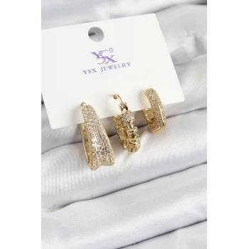 Pirinç Zİrkon Taşlı Halka Model Gold Renk 3lü Kadın Küpe