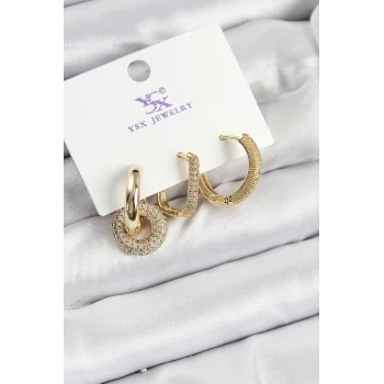 Pirinç Zİrkon Taşlı Halka Model Gold Renk 3lü Kadın Küpe