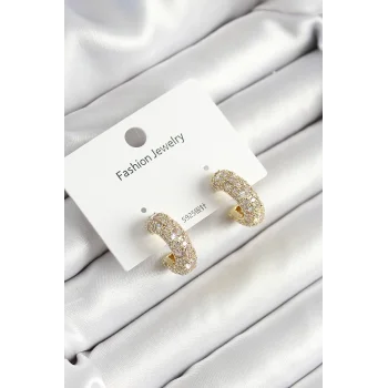 Pirinç Zirkon Taşlı Halka Model Gold Renk Kadın Küpe