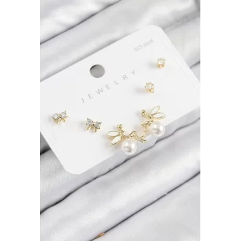 Pirinç Zirkon Taşlı İnci Melek Model Gold Renk 925 Ayar Gümüş Çivi Kadın Küpe Set
