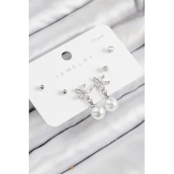 Pirinç Zirkon Taşlı İnci Sallantılı Çiçek Model Gümüş Renk 925 Ayar Gümüş Çivi Kadın Küpe Set