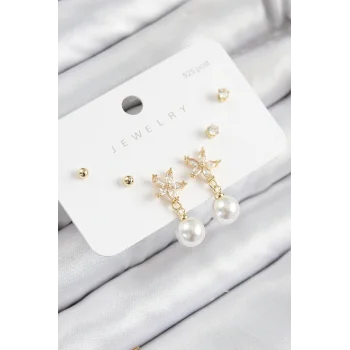 Pirinç Zirkon Taşlı İnci Sallantılı Çiçek Model Gümüş Renk 925 Ayar Gümüş Çivi Kadın Küpe Set