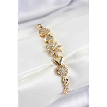 Pirinç Zirkon Taşlı Kalp Detaylı Çiçek Model Gold Renk Kadın Bileklik