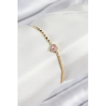 Pirinç Zirkon Taşlı Kalp Model Ezme Zincir Gold Renk Kadın Bileklik
