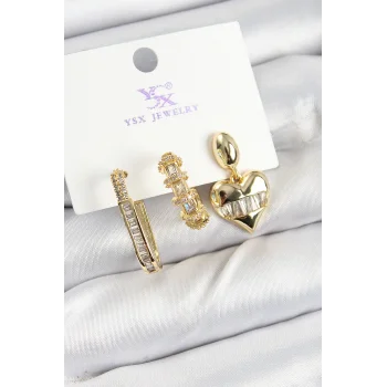 Pirinç Zİrkon Taşlı Kalp Model Gold Renk 3lü Kadın Küpe