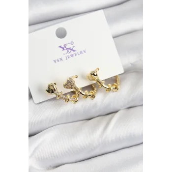 Pirinç Zİrkon Taşlı Kalp Model Gold Renk 3lü Kadın Küpe