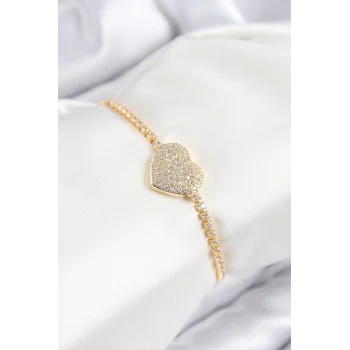 Pirinç Zirkon Taşlı Kalp Model Gold Renk Asansörlü Kadın Bileklik