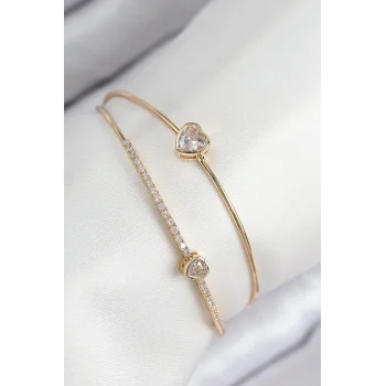 Pirinç Zirkon Taşlı Kalp Model Gold Renk Kadın Bileklik