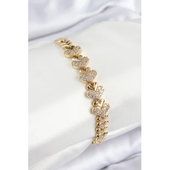 Pirinç Zirkon Taşlı Kalp Model Gold Renk Kadın Bileklik