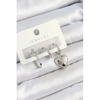 Pirinç Zirkon Taşlı Kalp Model Gümüş Renk 3lü Çift Kadın Küpe Set